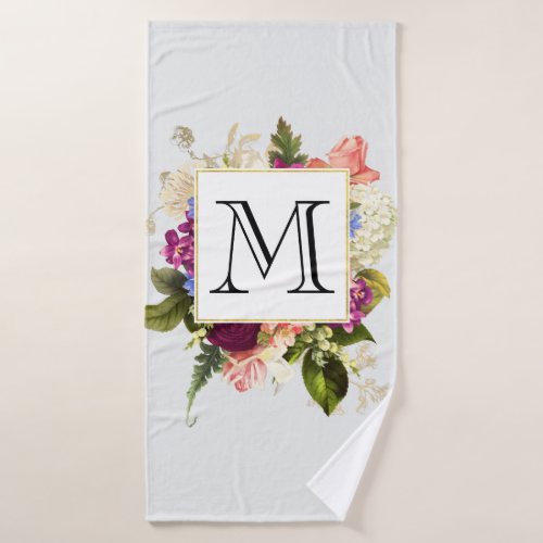 Modern Pink Watercolor Floral Bouquet Monogram Bath Towel Set