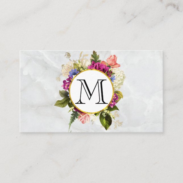 Modern Pink Watercolor Floral Bouquet Monogram Business Card (Front)