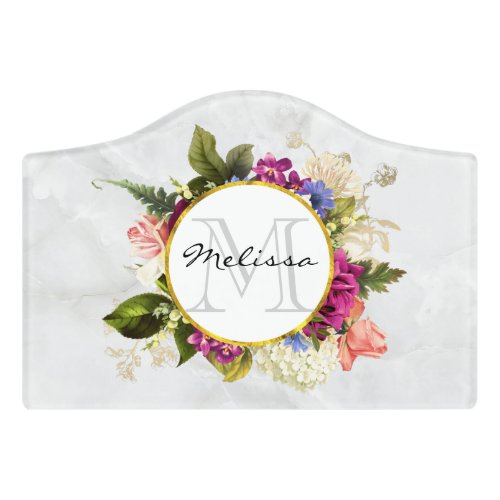 Modern Pink Watercolor Floral Bouquet Monogram Door Sign