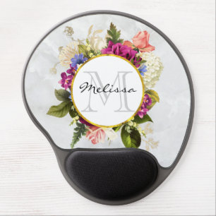 Modern Pink Watercolor Floral Bouquet Monogram Gel Mouse Pad