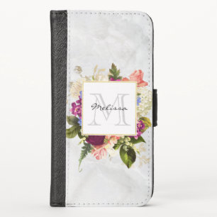 Modern Pink Watercolor Floral Bouquet Monogram iPhone X Wallet Case