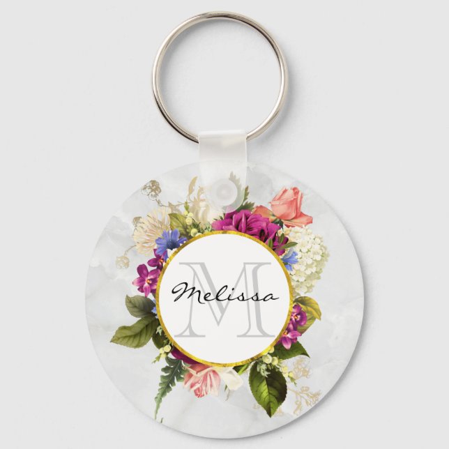 Modern Pink Watercolor Floral Bouquet Monogram Keychain (Front)