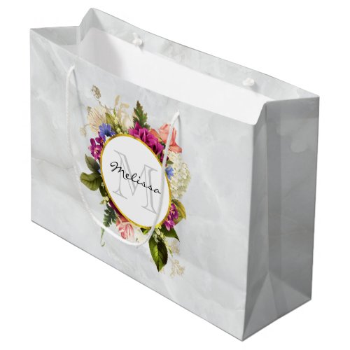 Modern Pink Watercolor Floral Bouquet Monogram Large Gift Bag