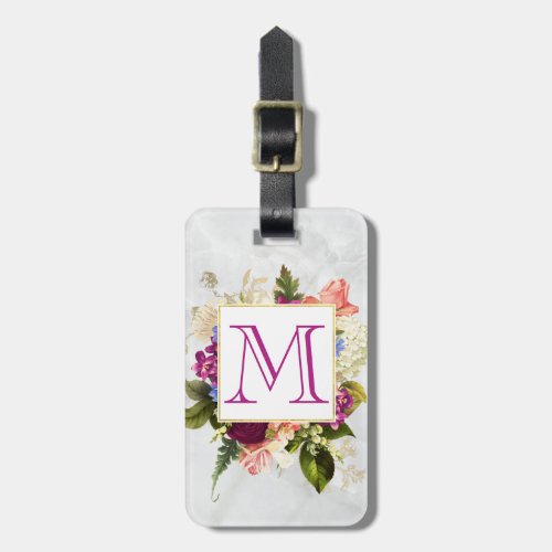 Modern Pink Watercolor Floral Bouquet Monogram Luggage Tag