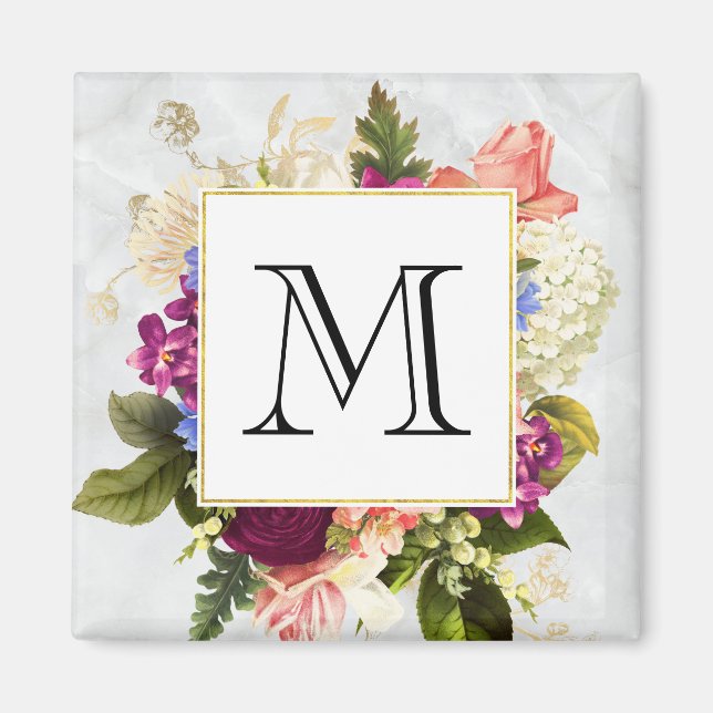 Modern Pink Watercolor Floral Bouquet Monogram Magnet (Front)
