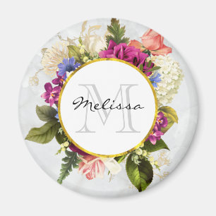 Modern Pink Watercolor Floral Bouquet Monogram Magnet