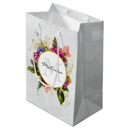 Modern Pink Watercolor Floral Bouquet Monogram Medium Gift Bag