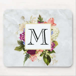 Modern Pink Watercolor Floral Bouquet Monogram Mouse Pad