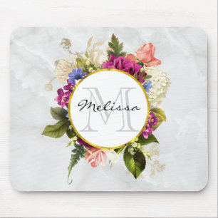 Modern Pink Watercolor Floral Bouquet Monogram Mouse Pad