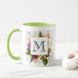 Modern Pink Watercolor Floral Bouquet Monogram Mug