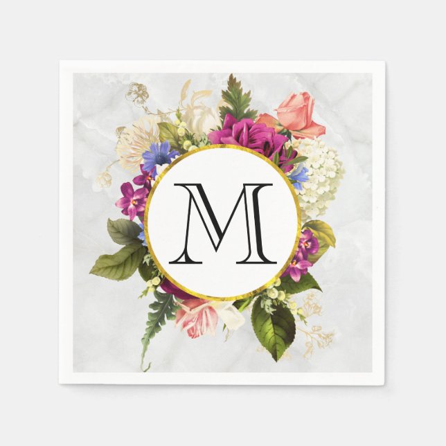 Modern Pink Watercolor Floral Bouquet Monogram Napkins (Front)