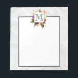 Modern Pink Watercolor Floral Bouquet Monogram Notepad<br><div class="desc">A notepad with a pretty watercolor design. A floral arrangement of many different varieties of flowers in red, pink and white colors, and lots of leafy green foliage. A frame layered over top with a faux-gold-foil border. Classy and elegant design. An off-white marble pattern background. Personalize with a single monogram...</div>
