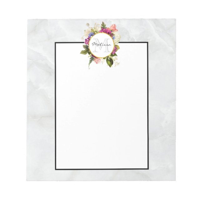 Modern Pink Watercolor Floral Bouquet Monogram Notepad (Front)