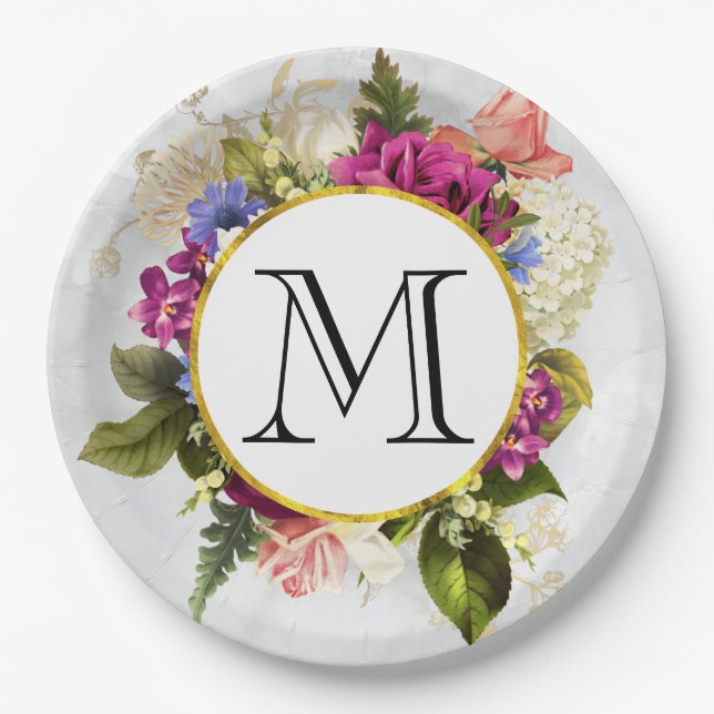 Modern Pink Watercolor Floral Bouquet Monogram Paper Plates (Front)