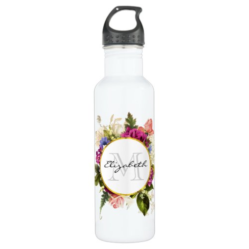 Modern Pink Watercolor Floral Bouquet Monogram Stainless Steel Water Bottle