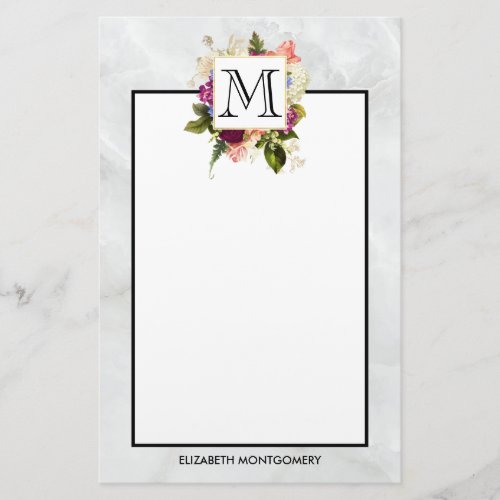 Modern Pink Watercolor Floral Bouquet Monogram Stationery