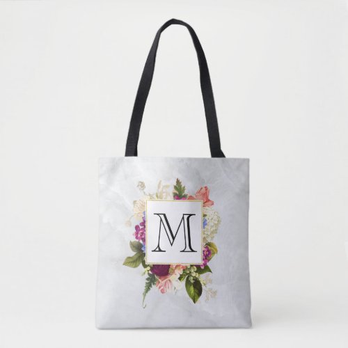 Modern Pink Watercolor Floral Bouquet Monogram Tote Bag