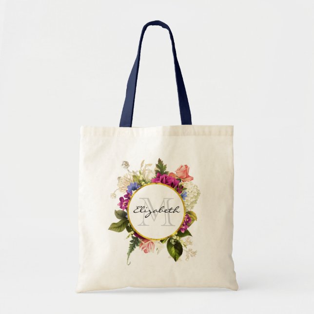 Modern Pink Watercolor Floral Bouquet Monogram Tote Bag (Front)