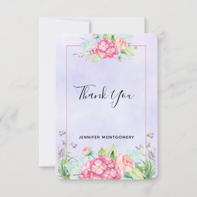 Modern Pink Watercolor Floral Bouquet Thank You Card (Front)