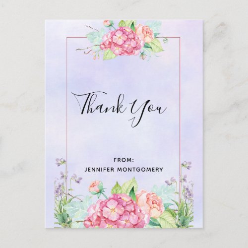 Modern Pink Watercolor Floral Bouquet Thank You Postcard
