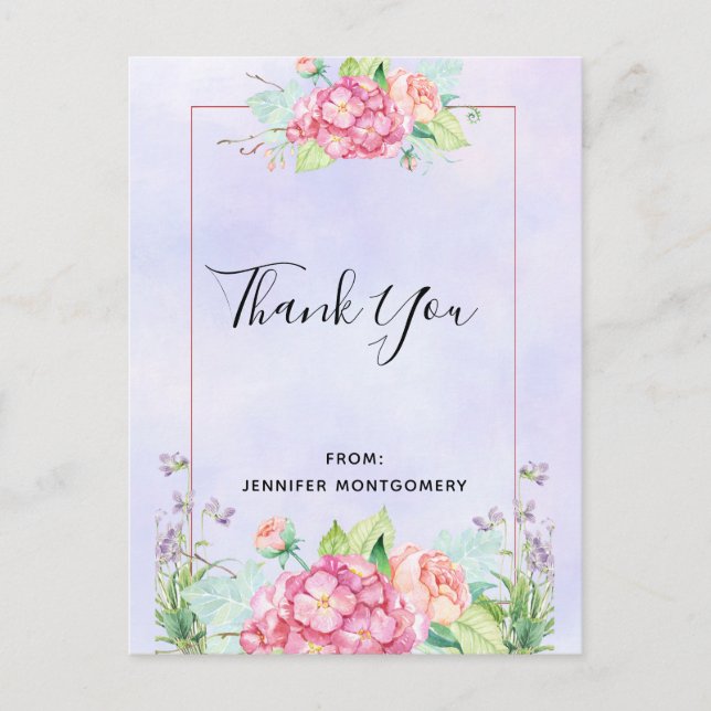 Modern Pink Watercolor Floral Bouquet Thank You Postcard (Front)