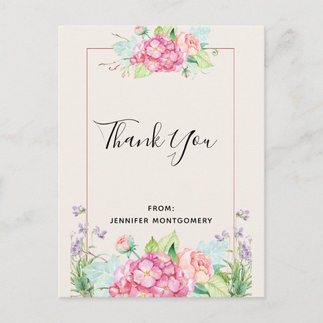 Modern Pink Watercolor Floral Bouquet Thank You Postcard (Front)