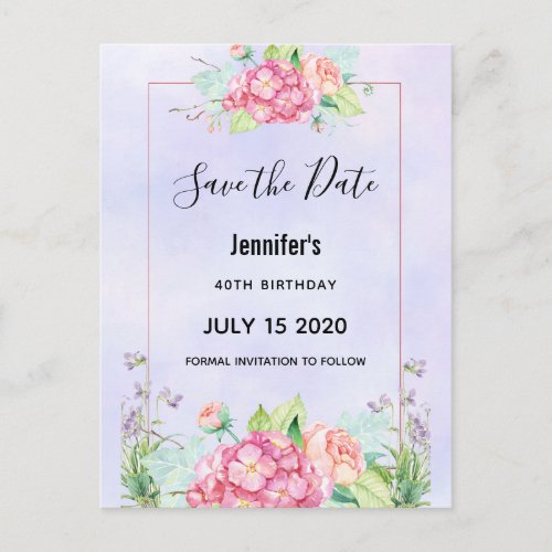 Modern Pink Watercolor Floral Bunch Save the Date Invitation Postcard