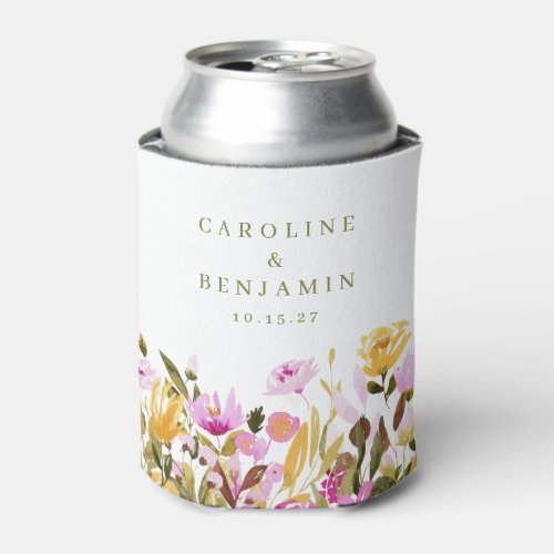 Modern Pink Watercolor Floral Custom Names Wedding Can Cooler