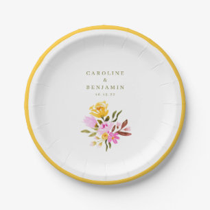 Modern Pink Watercolor Floral Custom Names Wedding Paper Plates