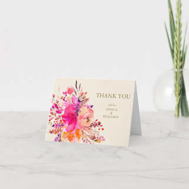 Modern Pink Watercolor Floral Custom Wedding Letterpress Thank You Card ...