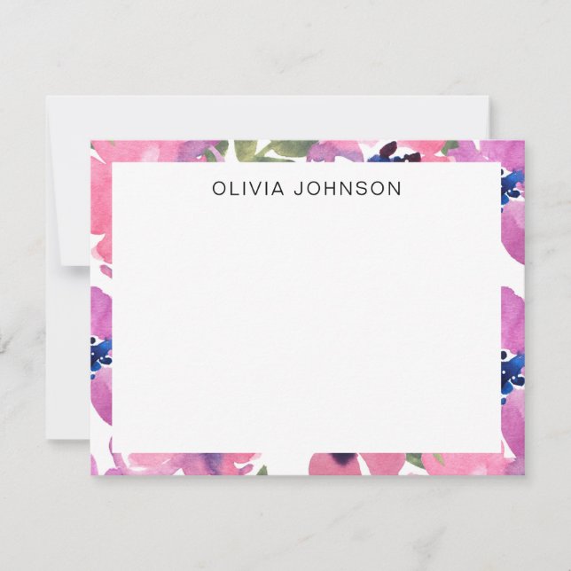 Modern Pink Watercolor Floral Flat Note Card (Front)