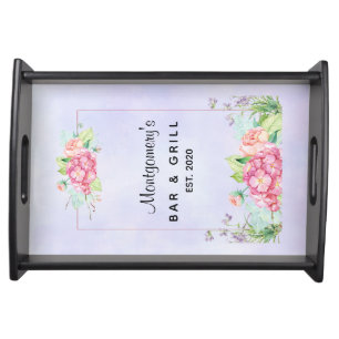 Modern Pink Watercolor Floral Frame Bar & Grill Serving Tray
