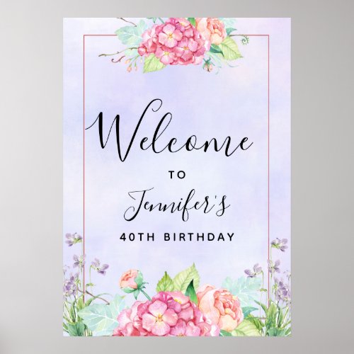 Modern Pink Watercolor Floral Frame Birthday Poster