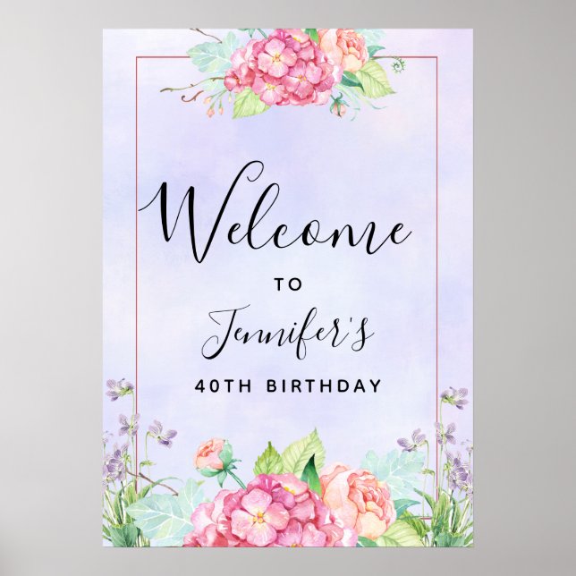 Modern Pink Watercolor Floral Frame Birthday Poster (Front)