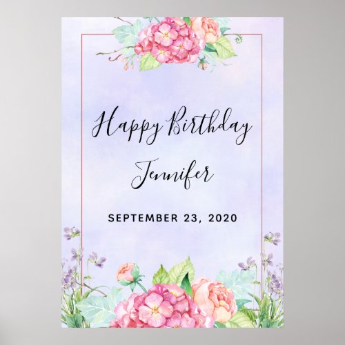 Modern Pink Watercolor Floral Frame Birthday Poster