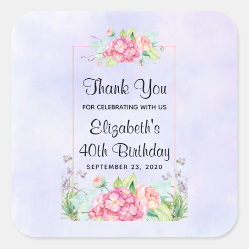 Modern Pink Watercolor Floral Frame Birthday Square Sticker