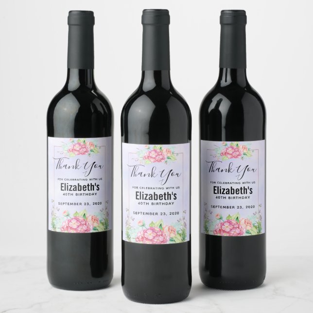 Modern Pink Watercolor Floral Frame Birthday Wine Label (Bottles)