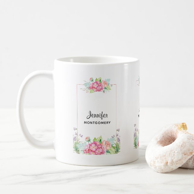 Modern Pink Watercolor Floral Frame Coffee Mug (With Donut)