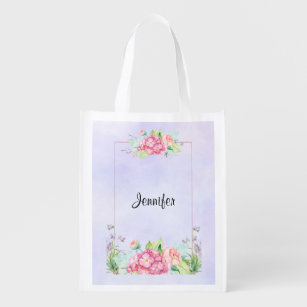 Modern Pink Watercolor Floral Frame Grocery Bag