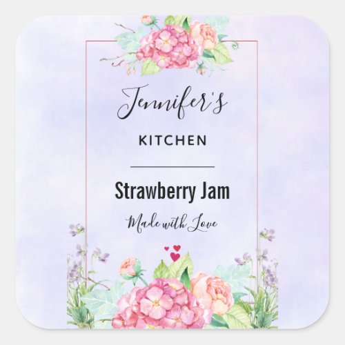 Modern Pink Watercolor Floral Frame Kitchen Square Sticker