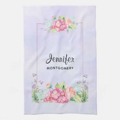 Modern Pink Watercolor Floral Frame Kitchen Towel