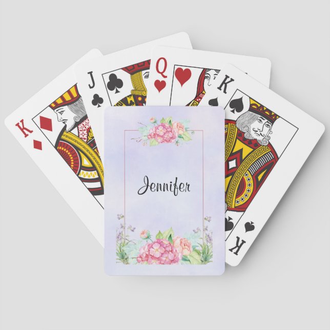 Modern Pink Watercolor Floral Frame Poker Cards (Back)