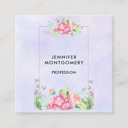 Modern Pink Watercolor Floral Frame Square Business Card