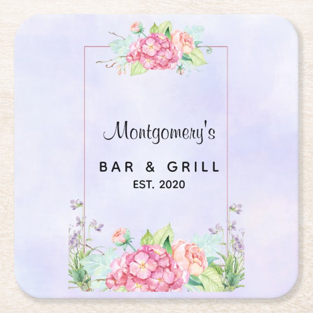 Modern Pink Watercolor Floral Frame Square Paper Coaster (Front)