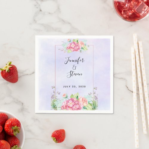 Modern Pink Watercolor Floral Frame Wedding Napkins