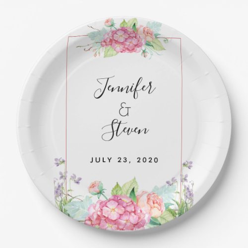 Modern Pink Watercolor Floral Frame Wedding Paper Plates