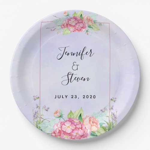 Modern Pink Watercolor Floral Frame Wedding Paper Plates