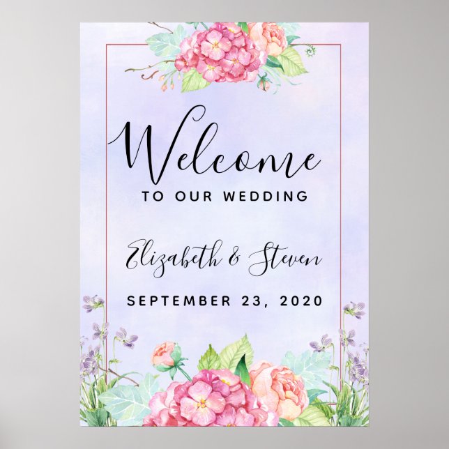 Modern Pink Watercolor Floral Frame Wedding Poster (Front)