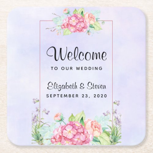 Modern Pink Watercolor Floral Frame Wedding Square Paper Coaster