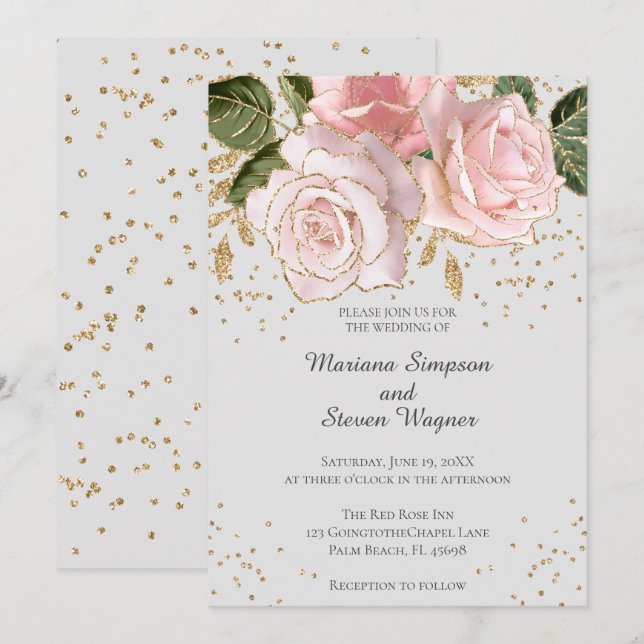 Modern Pink Watercolor Floral Gold Glitter Wedding Invitation (Front/Back)